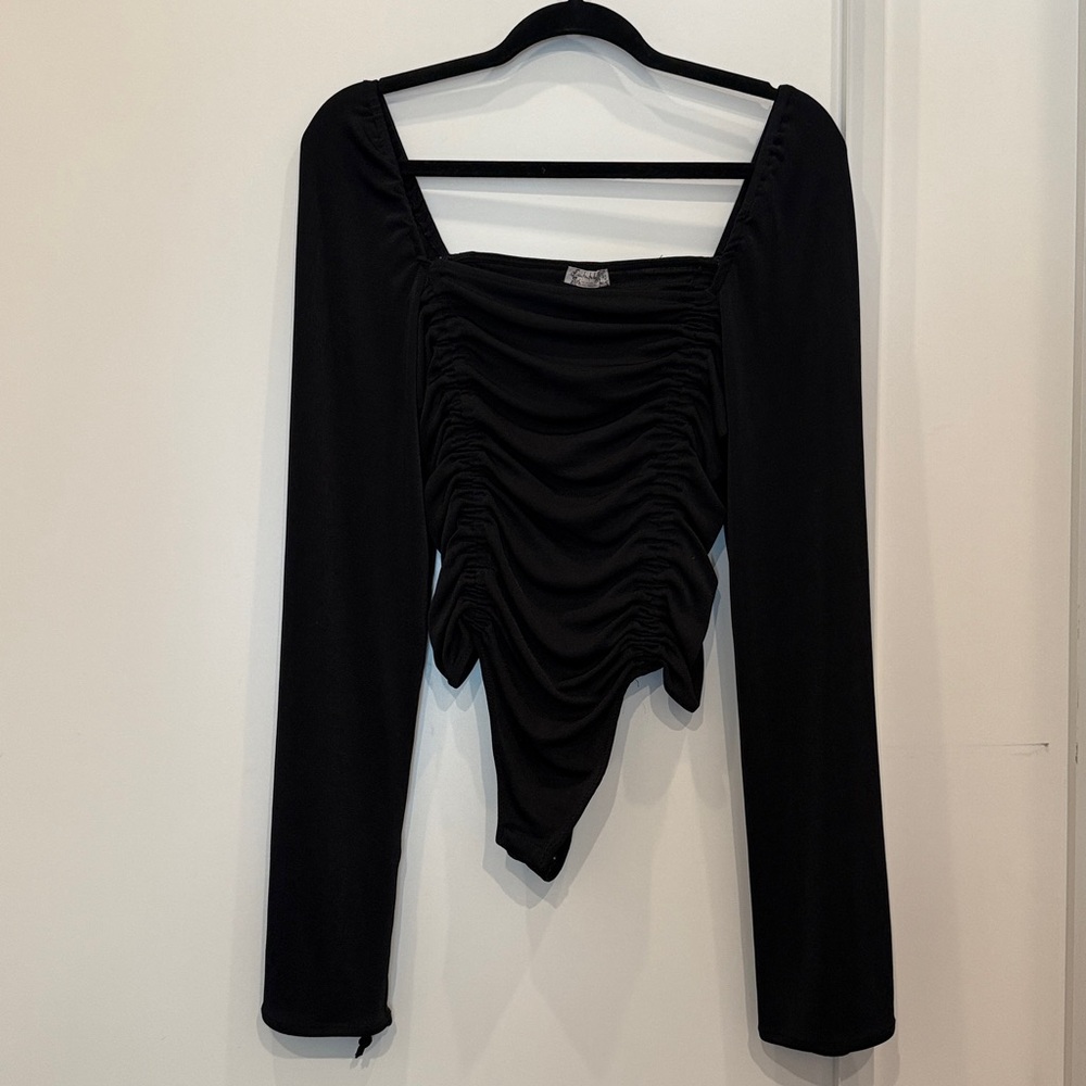 Free People Black Ruched Long Sleeve Top